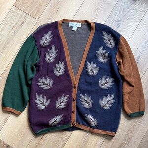 Vintage Chrysantheme Leaf Colorblock Women’s Cardigan Sweater 14/16